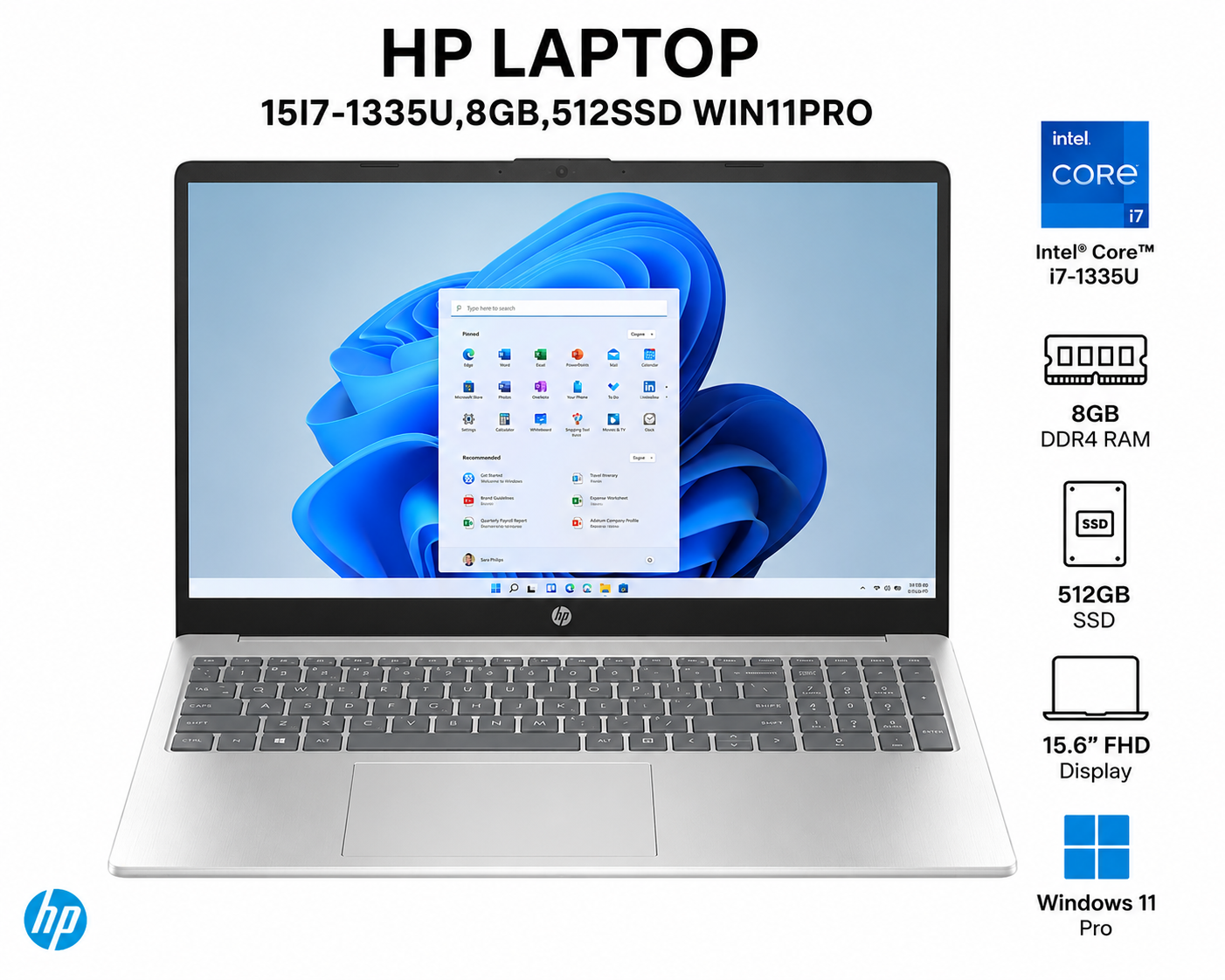 HP LAPTOP 15I7-1335U,8GB,512SSD WIN11PRO